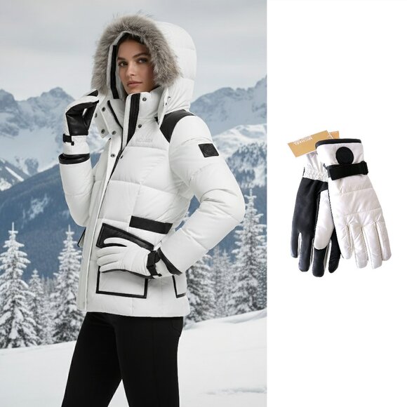 Michael Kors Quilted Black & White Leather Palm Touch Gloves with MK Logo. Sz M - Picture 1 of 16